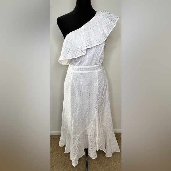 NWT Mink Pink white one shoulder ruffle eyelet midi dress side zipper Small - Picture 3 of 8